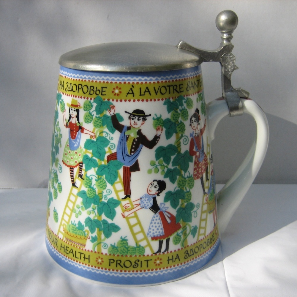 Vintage French Pewter & Ceramic Stein Mug